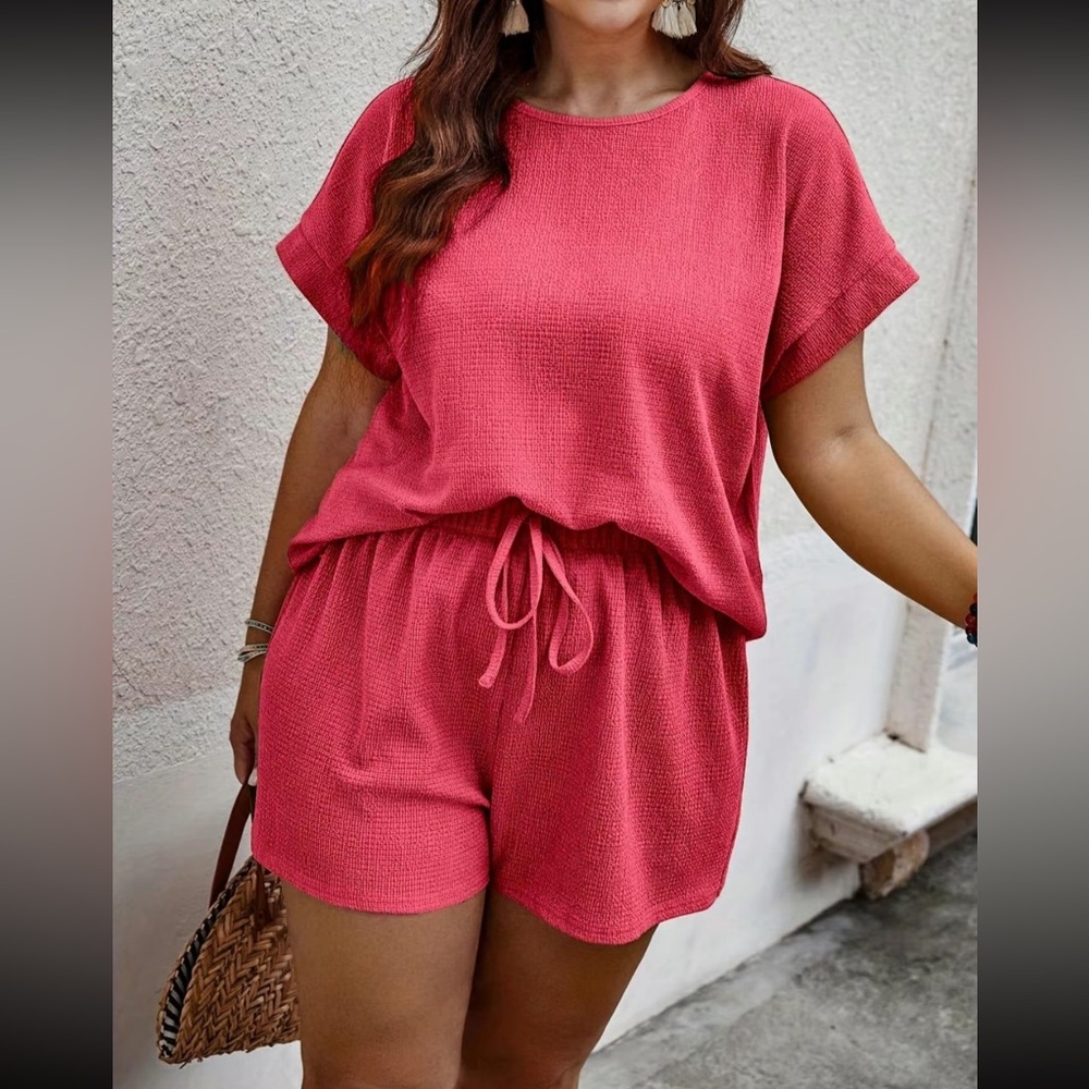 TikTok Shop Hot Pink Textured Two Piece Lounge Set